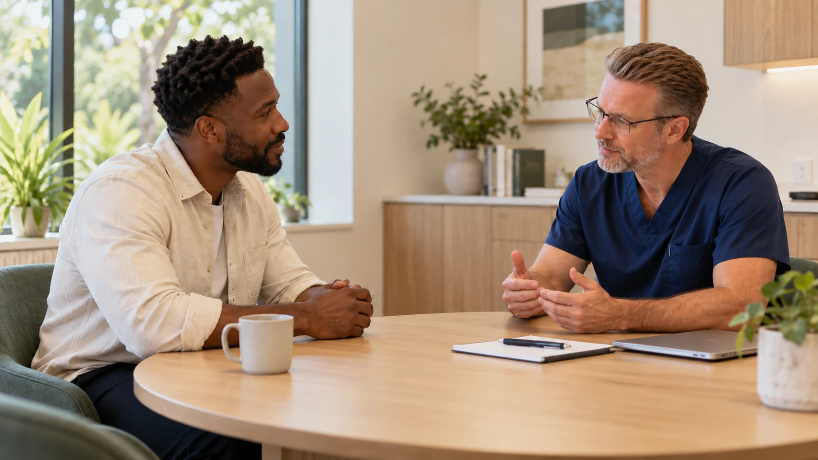 A man discussing an evaluation with a urology clinician.