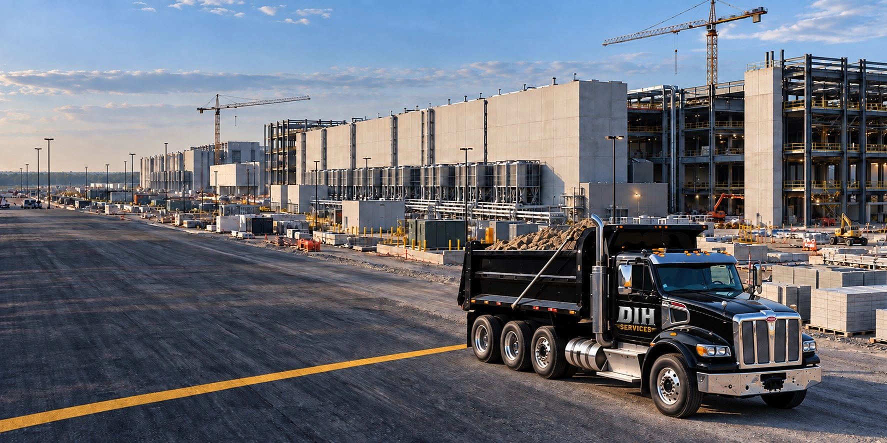 A large data center construction campus with a black DIH Services truck on the access road