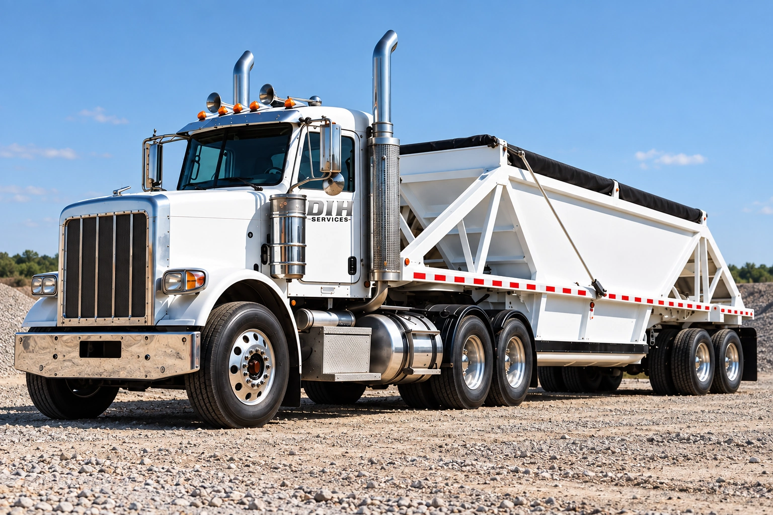 White DIH Services truck and trailer on a gravel industrial site