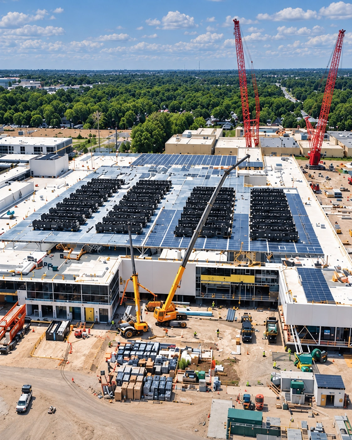 Aerial view of a large industrial construction site with cranes and rooftop equipment