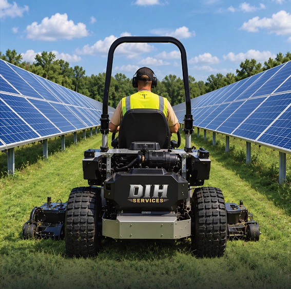 DIH mowing equipment working between solar panels