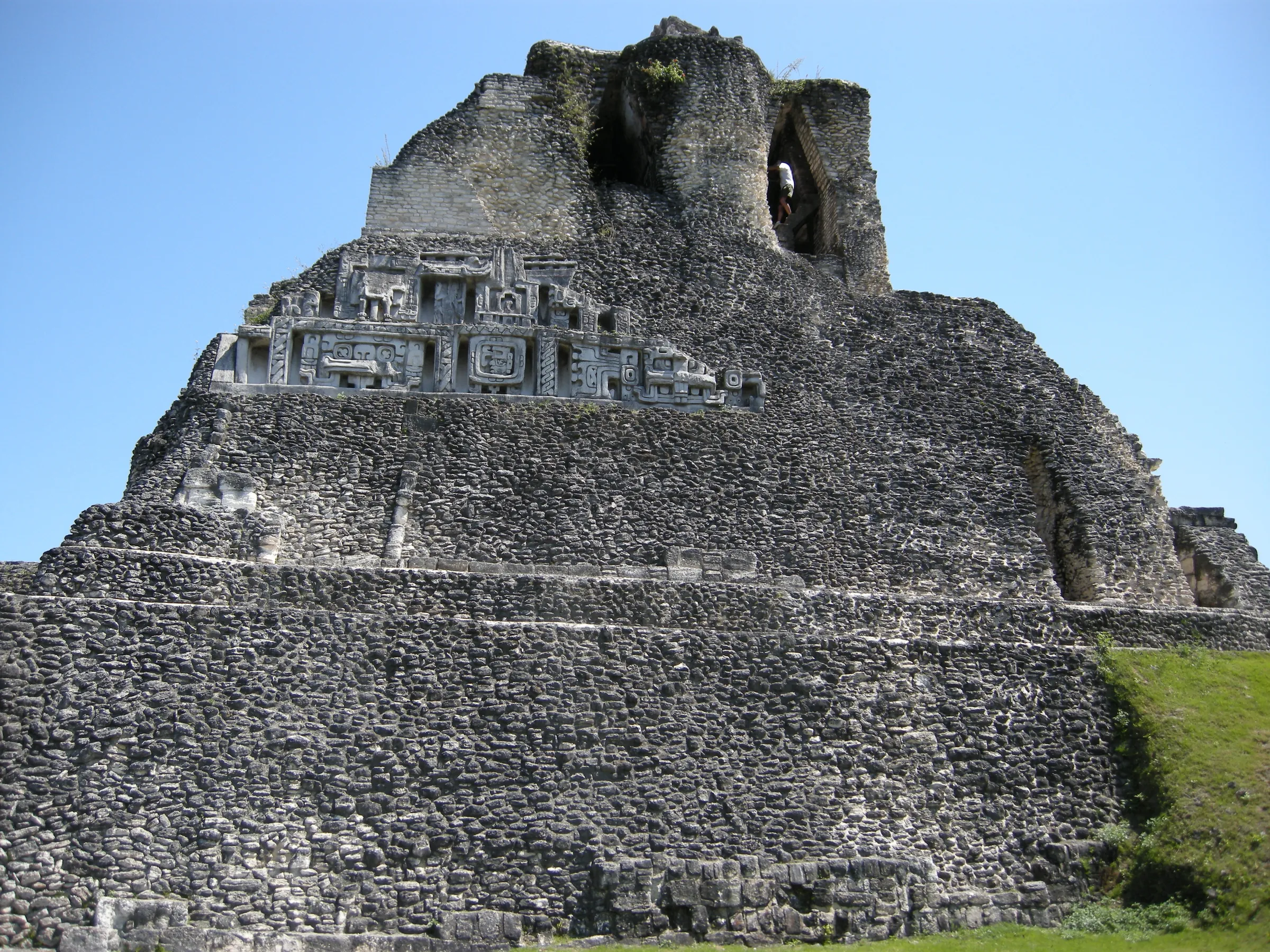 El Castillo at Xunantunich beneath a clear blue sky