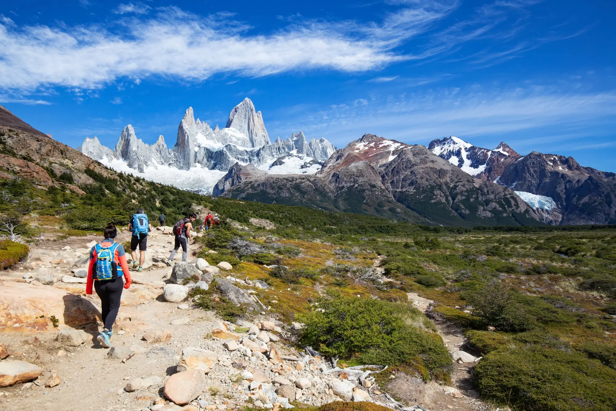 Hikers overlooking Fitz Roy near El Chalten, Argentina.