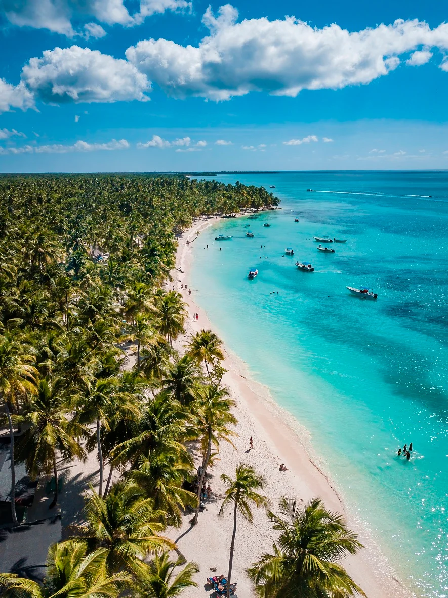 Aerial view of a tropical beach with turquoise water, palm trees, boats, and people swimming. Dominican Republic, Caribbean, Saona beach.