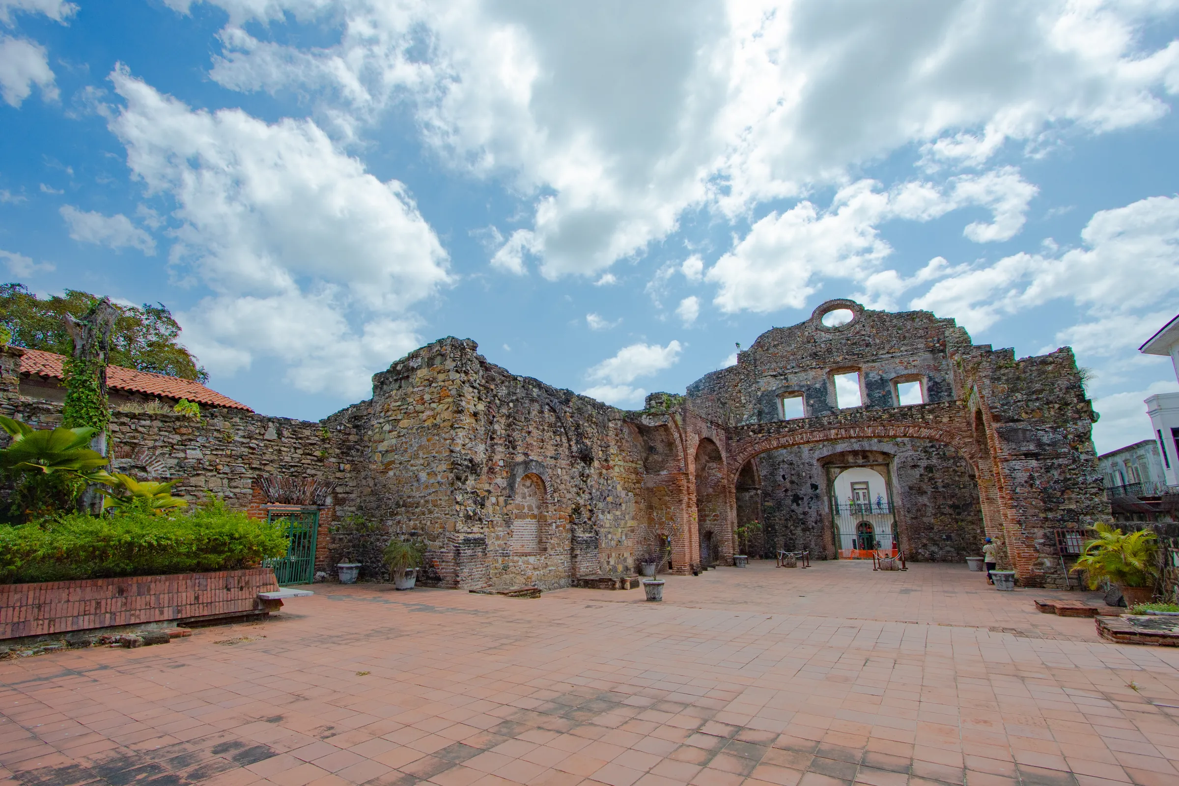 Historic stone ruins around an open plaza