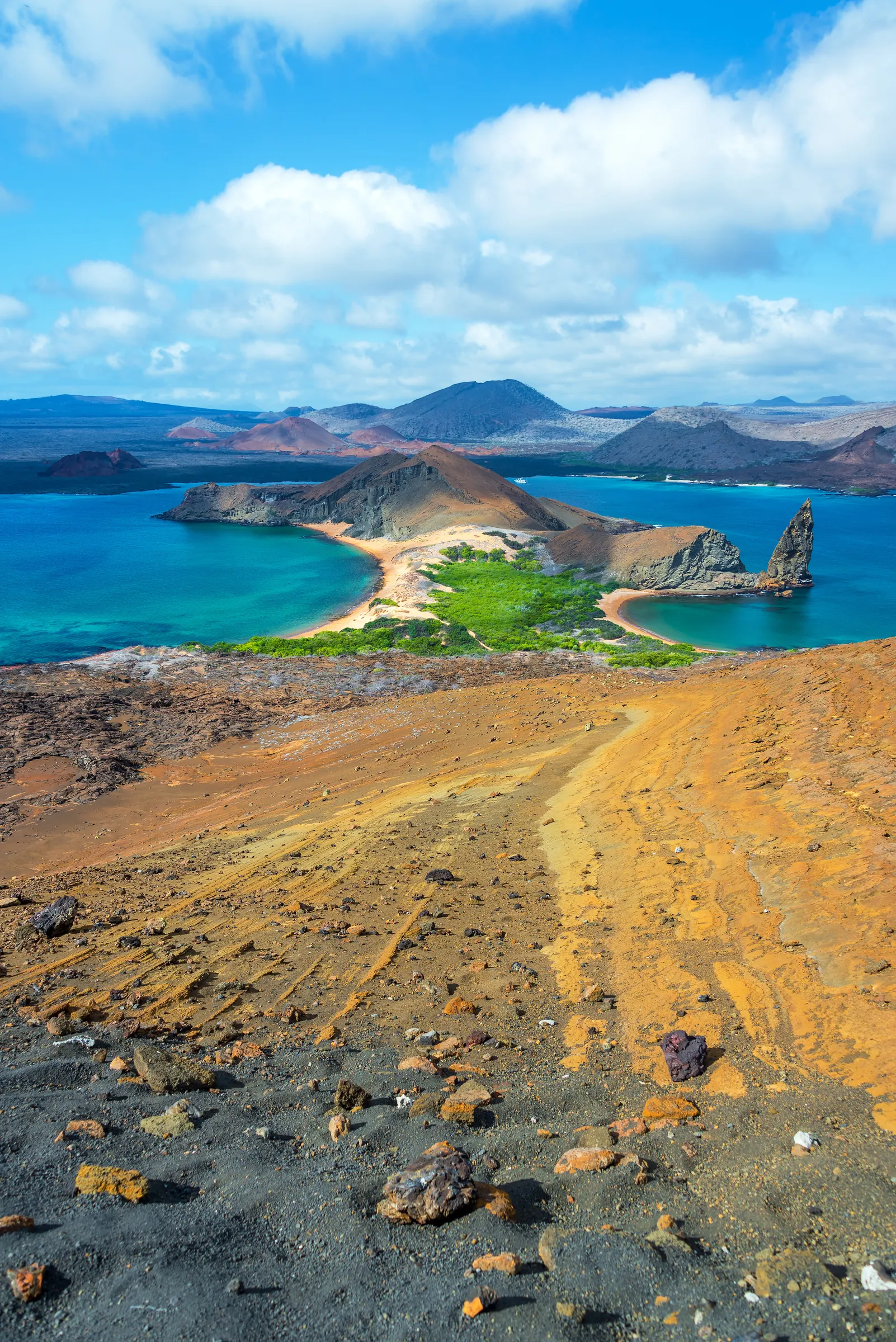 Pinnacle Rock and the coastline of Bartolome Island in the Galapagos