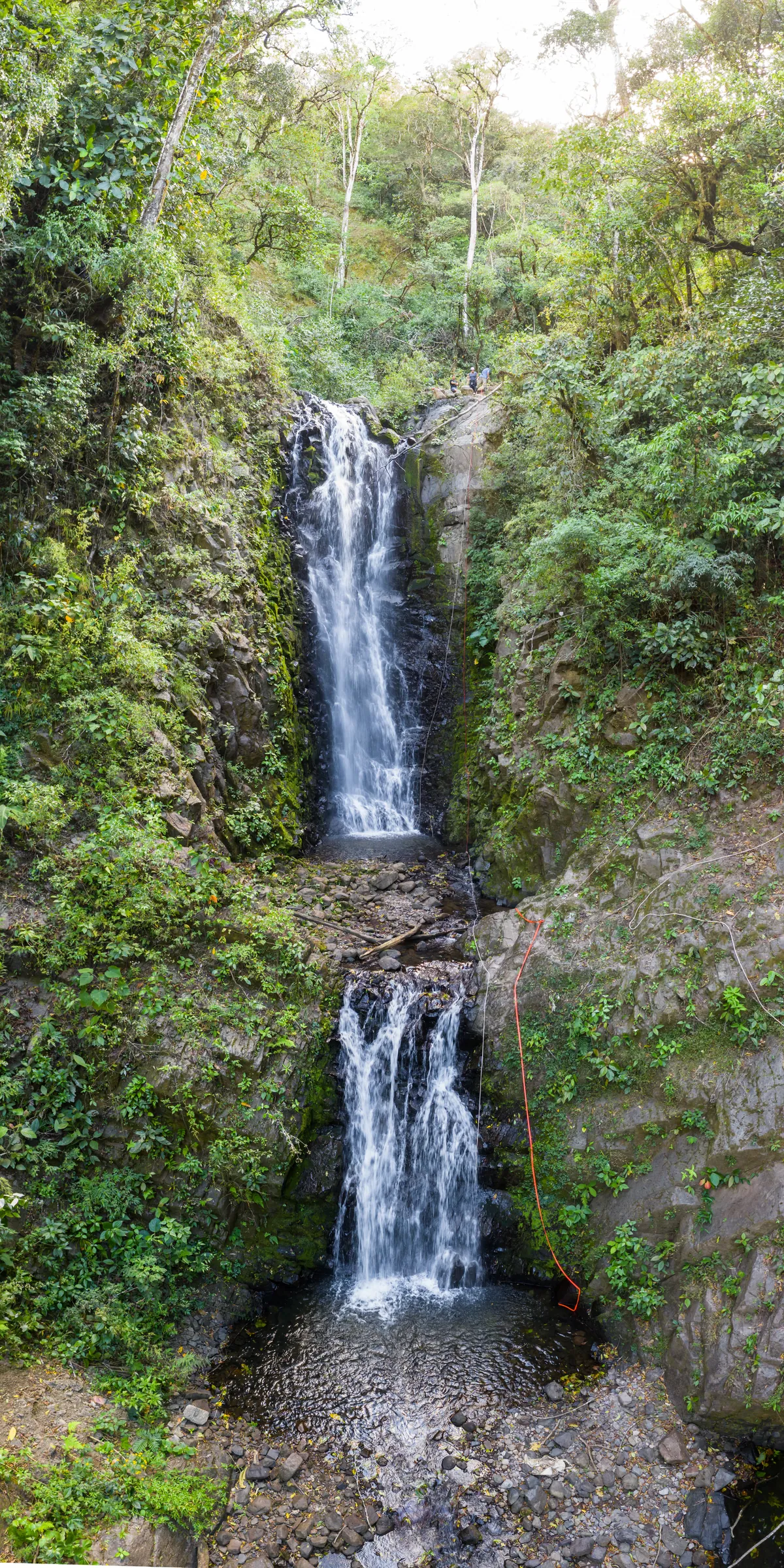 Two-tier waterfall surrounded by dense jungle