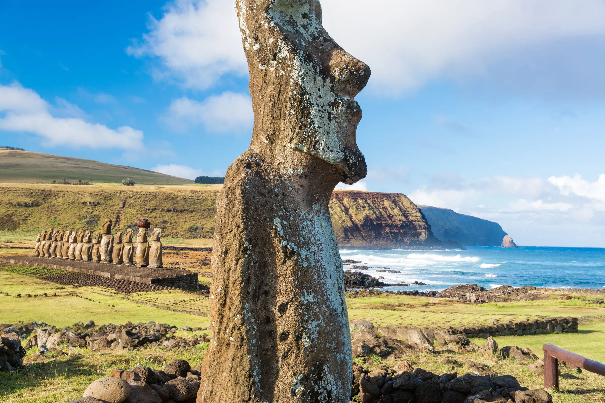 Moai statue with a coastal platform beyond