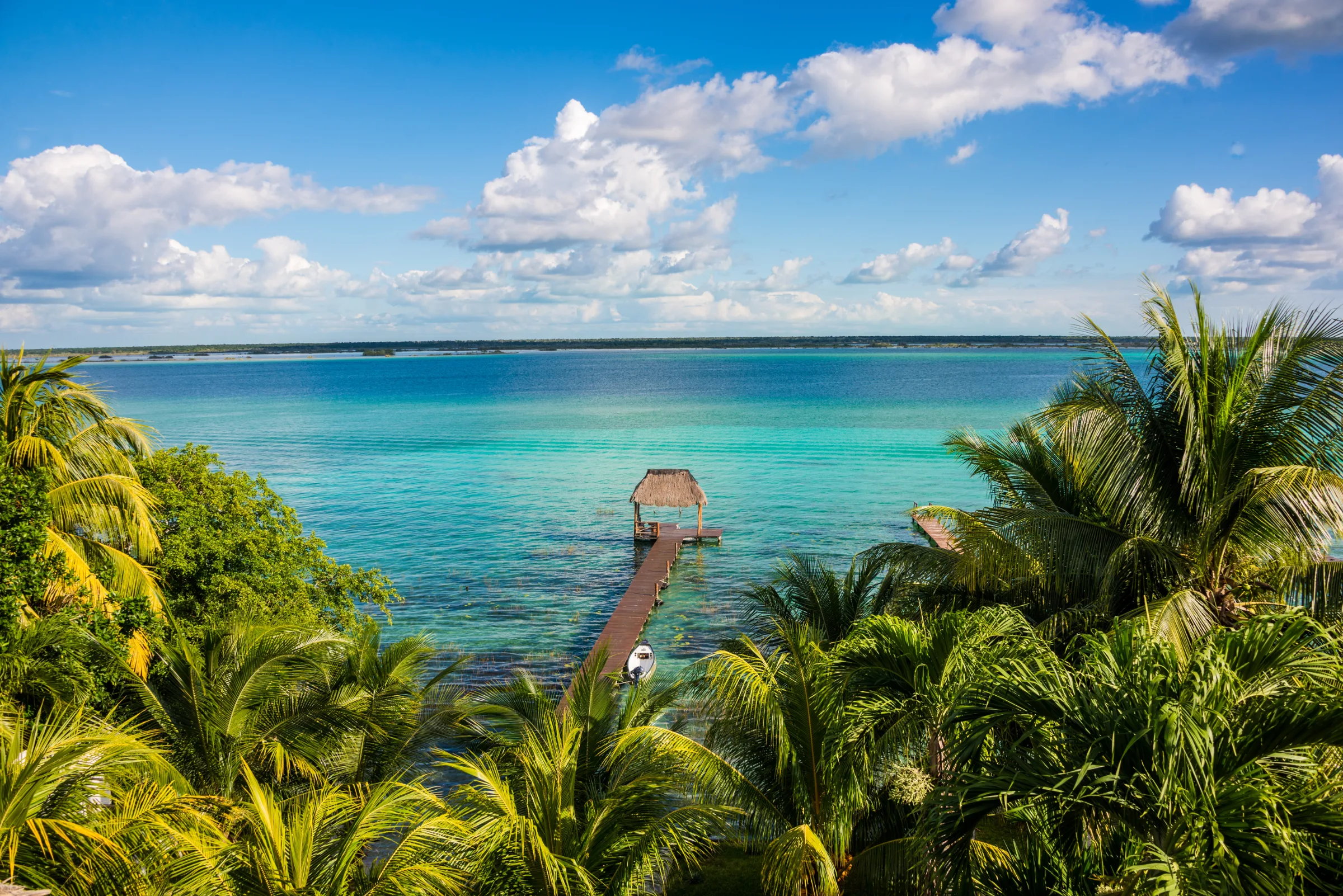 Blue and turquoise water along the shore of Bacalar Lagoon, Quintana Roo