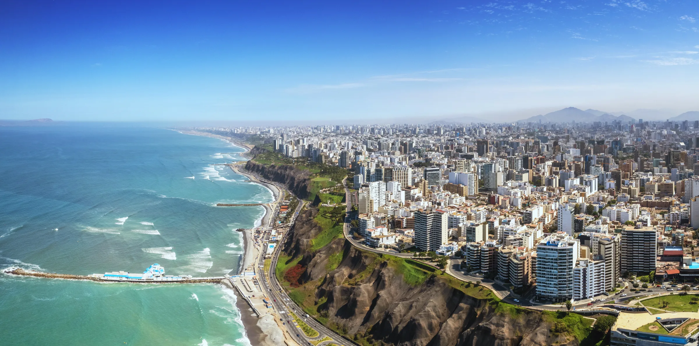 Aerial view of Lima's Costa Verde beaches at golden hour