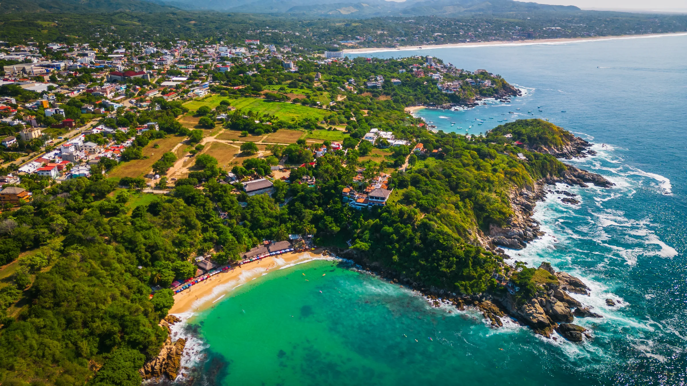 Aerial view of the coastline at Puerto Escondido, Oaxaca