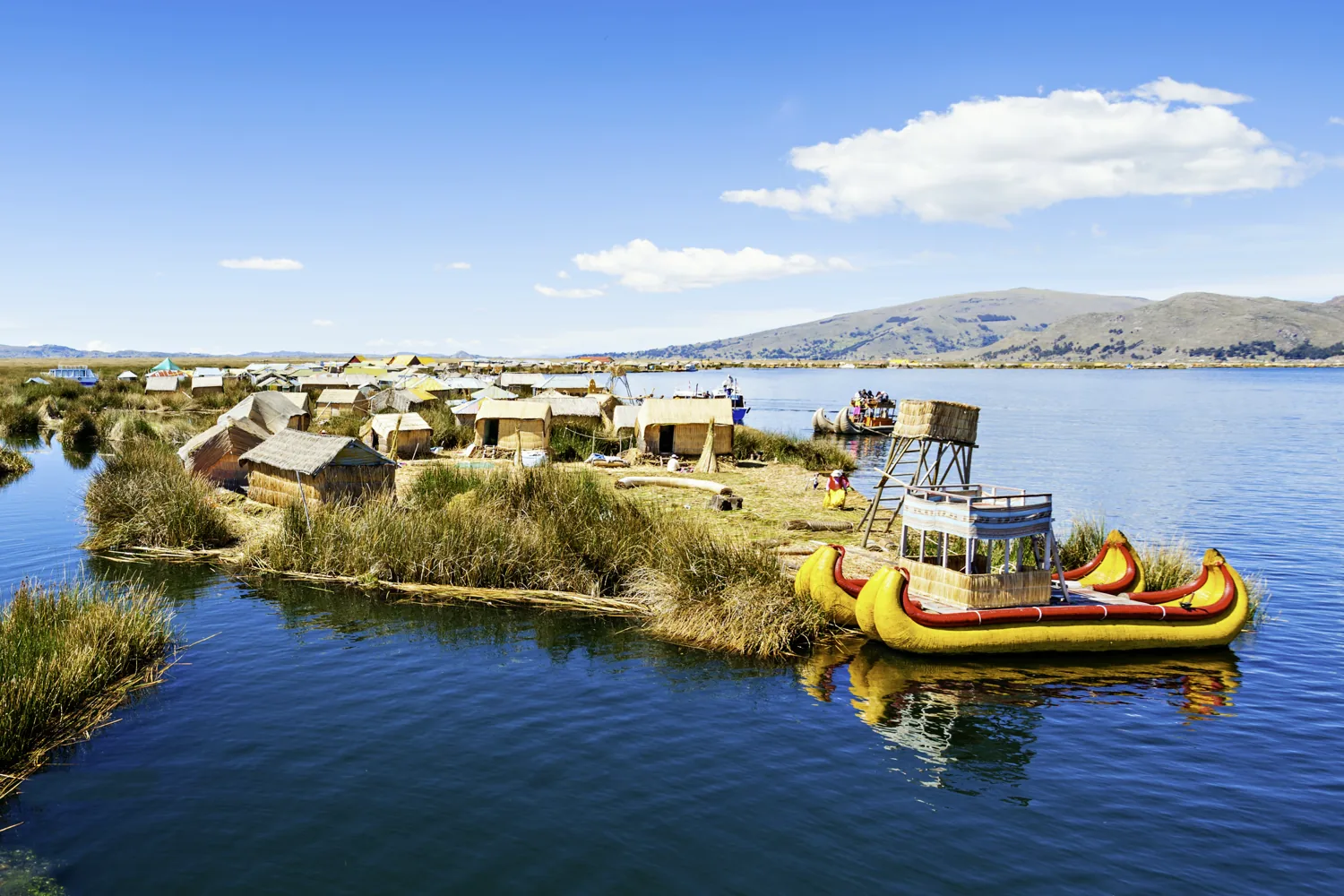 Waterfront settlement and reeds along Lake Titicaca.