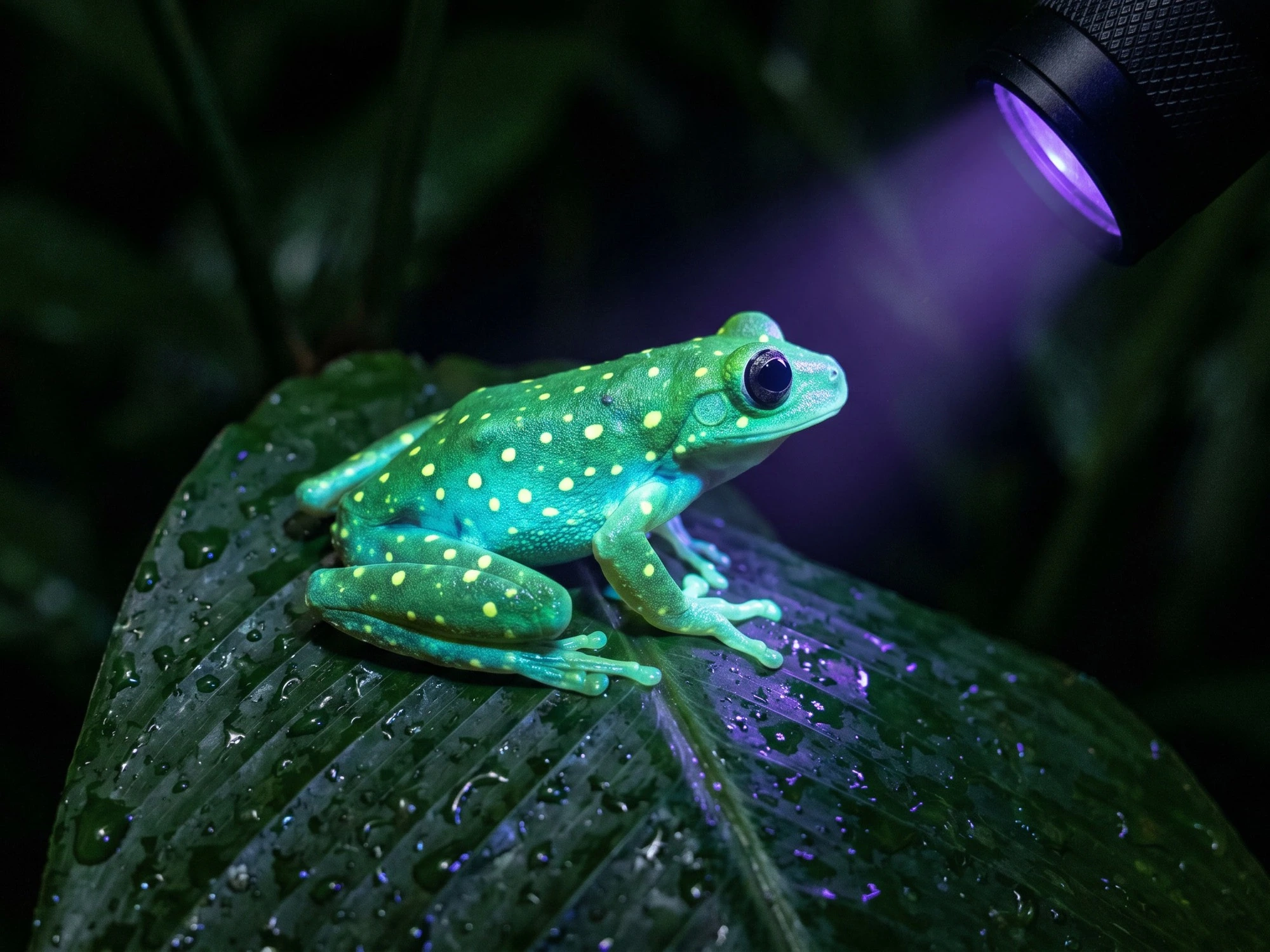 A small green tree frog dotted with luminous yellow spots perches on a rain-beaded leaf, illuminated by a handheld ultraviolet flashlight during a nighttime jungle excursion.