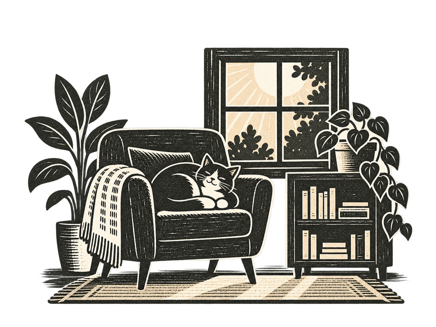 A cat sleeping in an armchair beside books and a sunlit window.