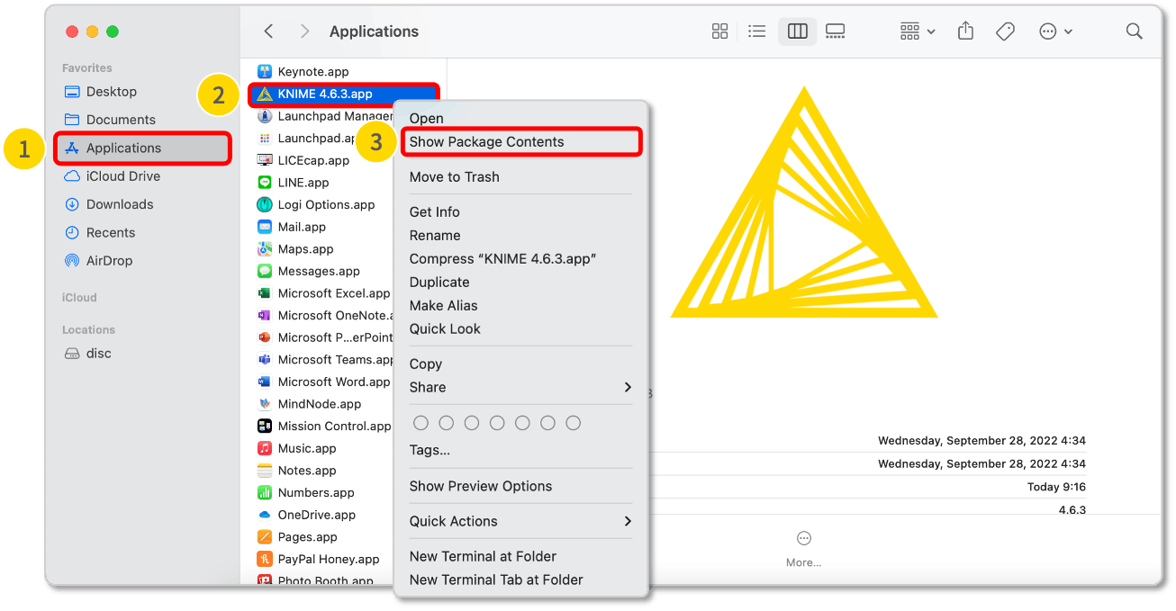 KNIME.appのパッケージの内容を表示する手順