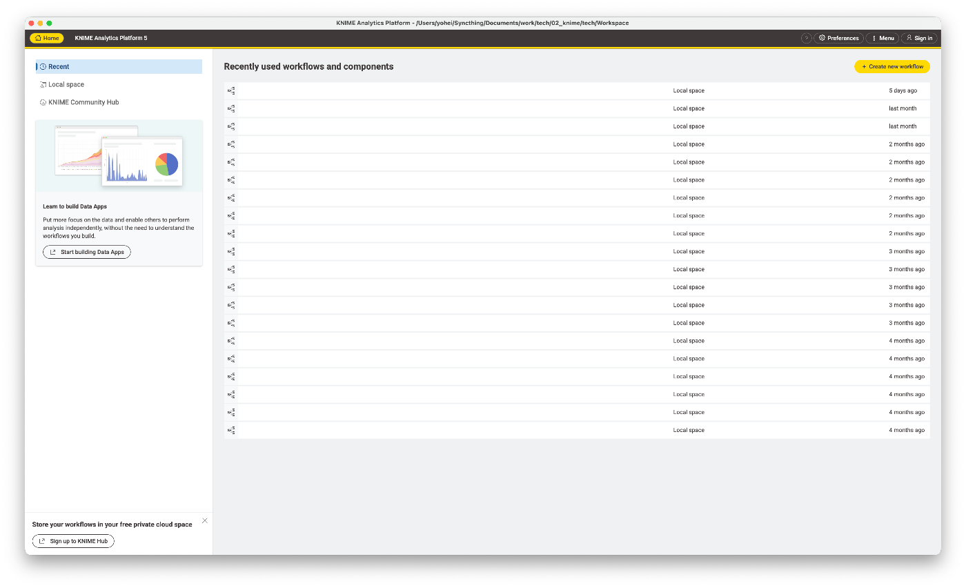 KNIME 5.12.0でWELCOME PAGEが表示されていない画面