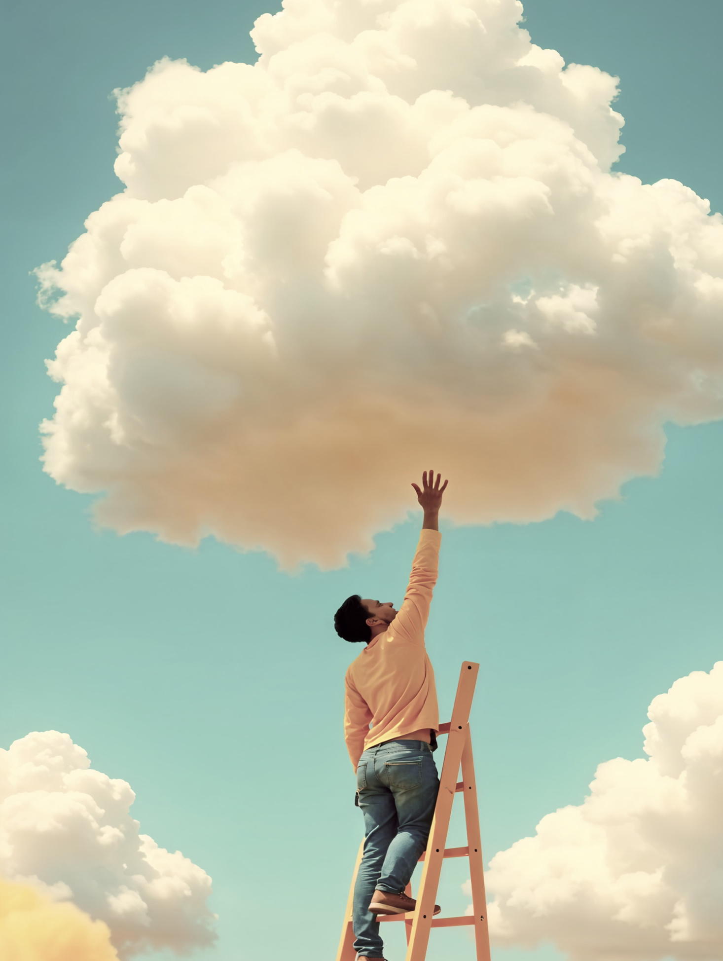 Man standing on a ladder reaching up toward a large fluffy cloud in a clear blue sky.