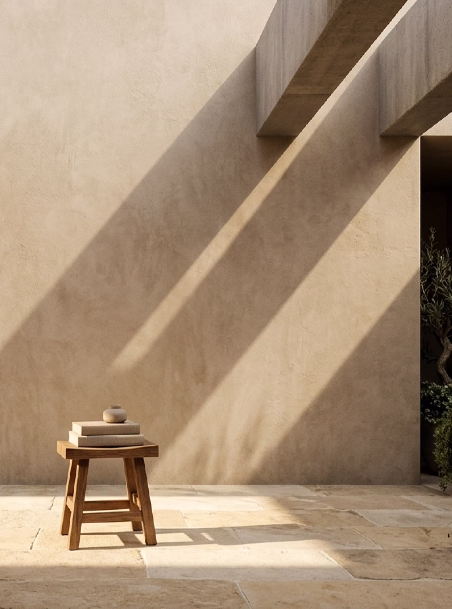 Minimalist scene with a small wooden stool holding stacked books against a beige textured wall.