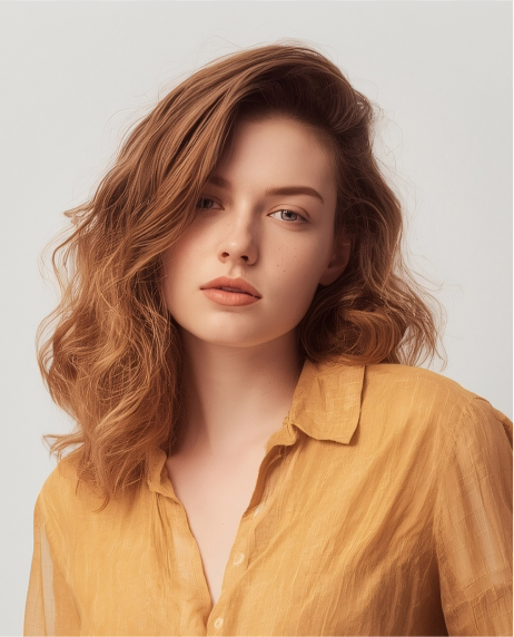 Portrait of a young woman with light brown wavy hair wearing a mustard yellow button-up shirt.