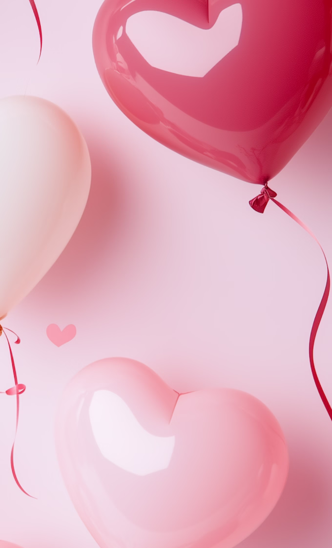Three heart-shaped balloons in red, pink, and cream floating against a soft pink background with thin curling ribbons attached.