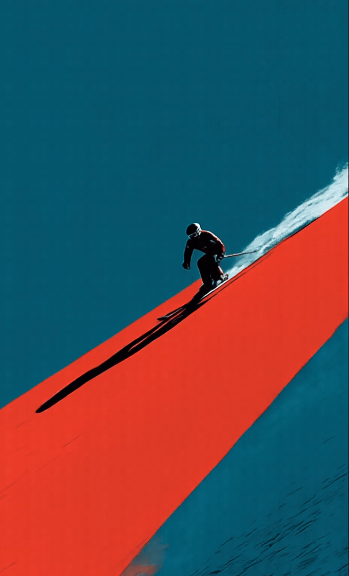 Silhouette of a skier in motion descending a steep slope casting a long shadow on an abstract red path against a blue background.