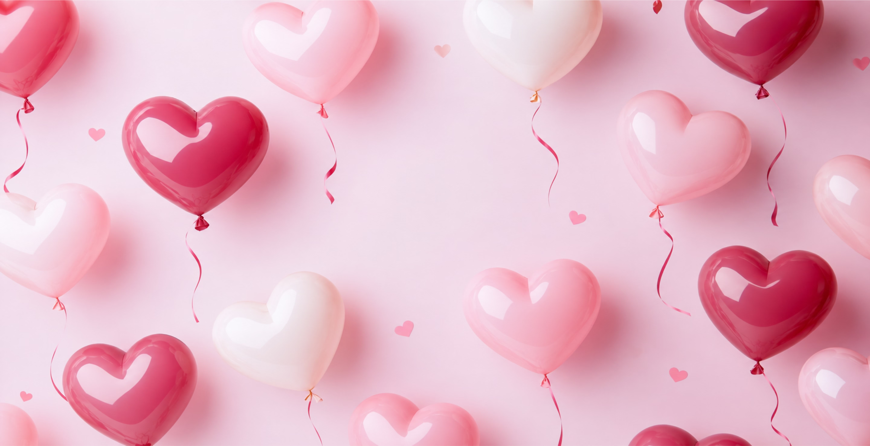 Multiple heart-shaped balloons in shades of pink, red, and white floating against a soft pink background with small heart confetti scattered around.