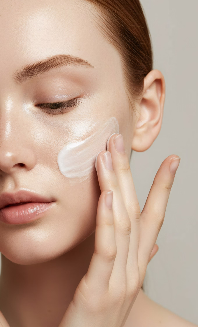 Close-up of a woman with fair skin applying white cream to her cheek with her fingers, eyes closed, slightly parted lips, and light brown hair pulled back.