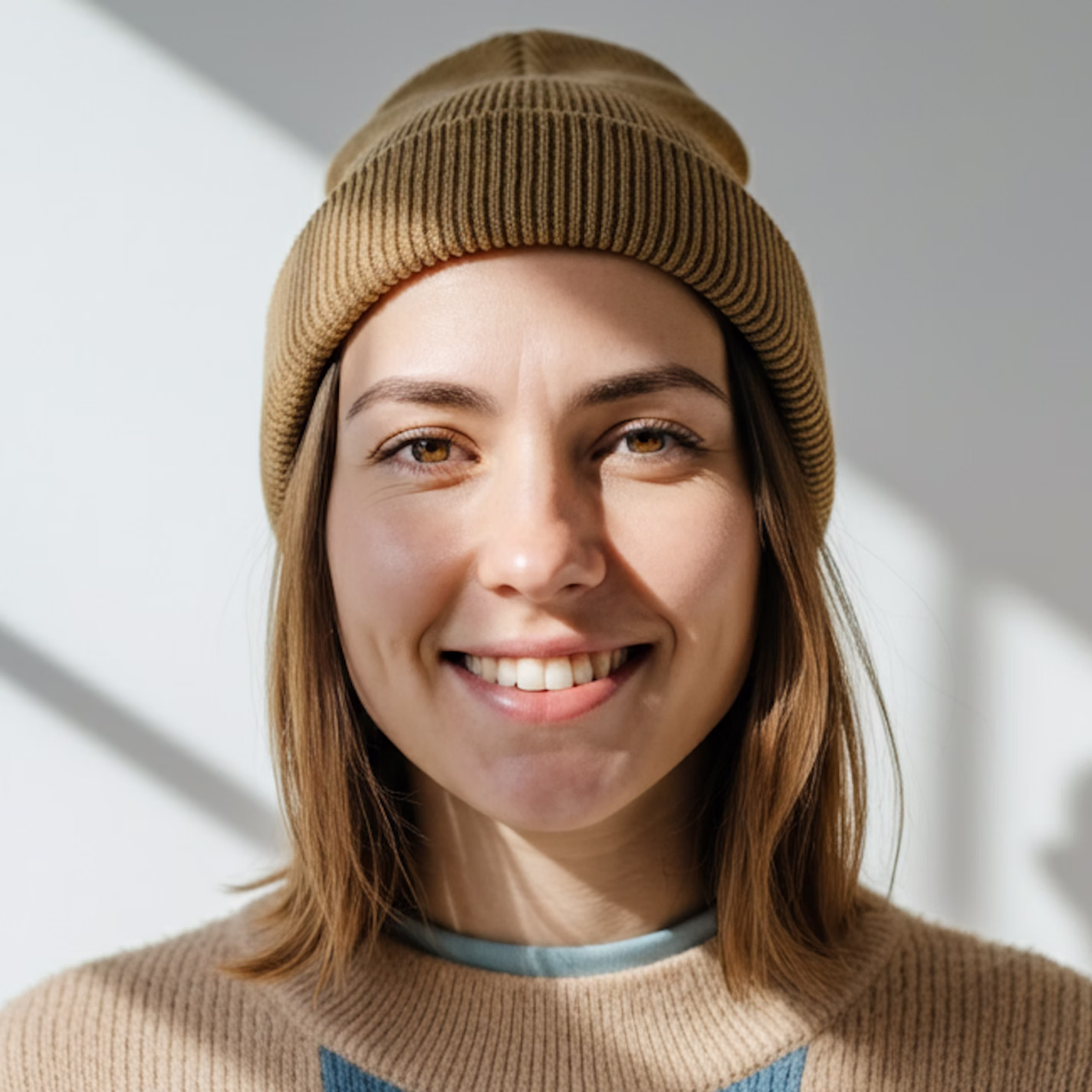 Smiling young woman with light brown hair wearing a beige knit beanie and a matching beige sweater, photographed against a softly lit white background.
