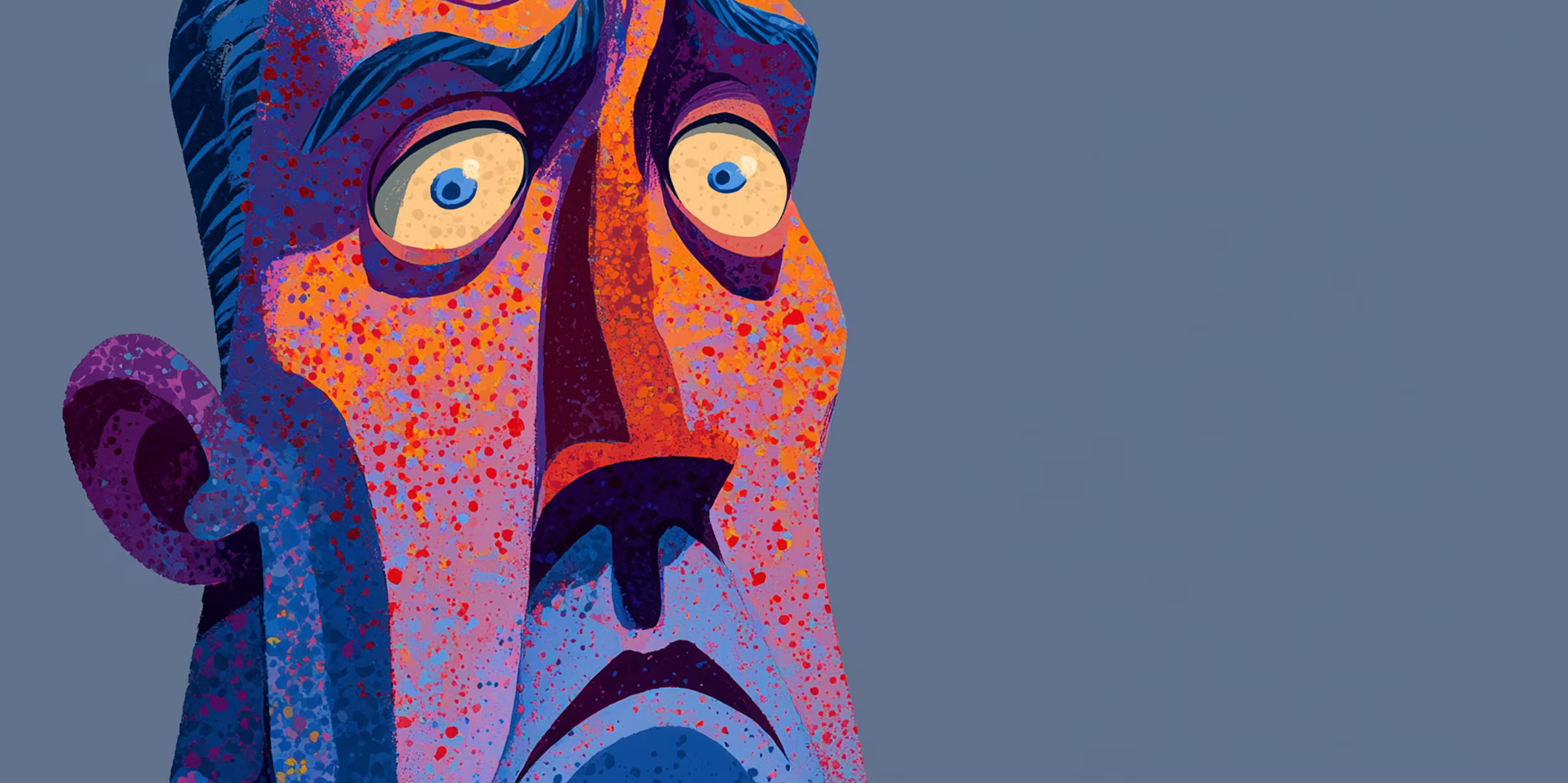 Abstract colorful illustration of a man with wide eyes and a worried or shocked expression on a plain gray background.