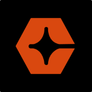 Red hexagon with a symmetrical four-pointed star cut out in the center on a black background.