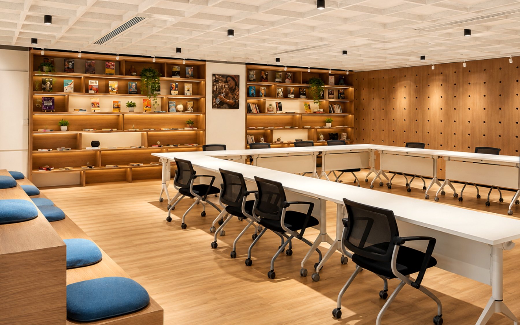 Jomrok set in a U-shape, library shelving along the back wall