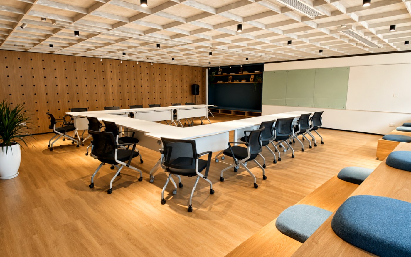 Nesat set in a U-shape, with blue cushioned bench seating along one side