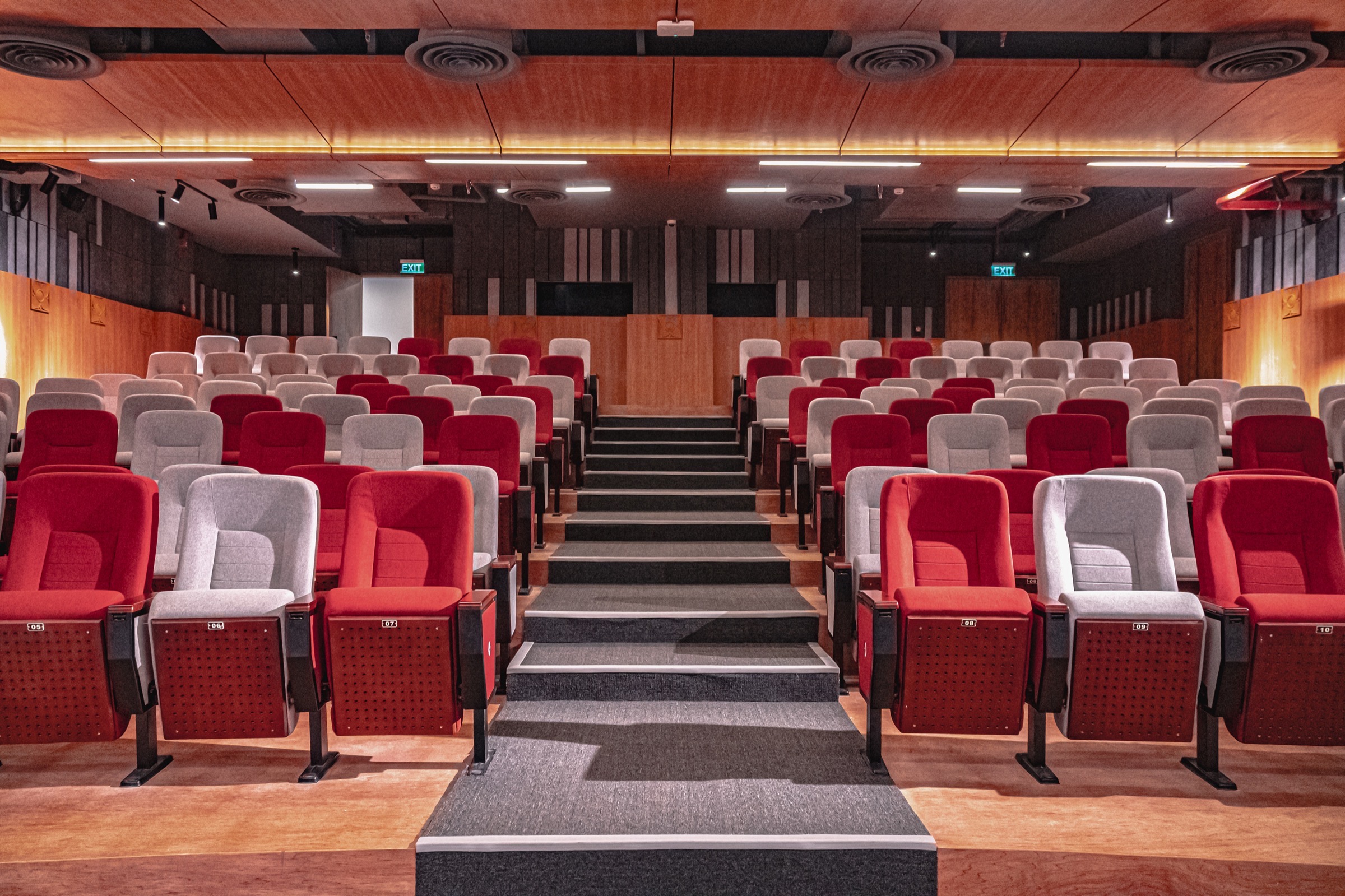 The centre aisle and tiered seating, seen from the stage
