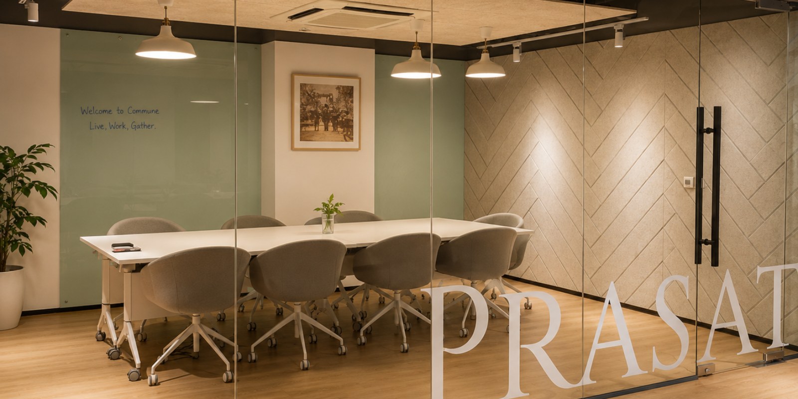 The Prasat meeting room through its glass wall, a long table for eight beside a glass whiteboard