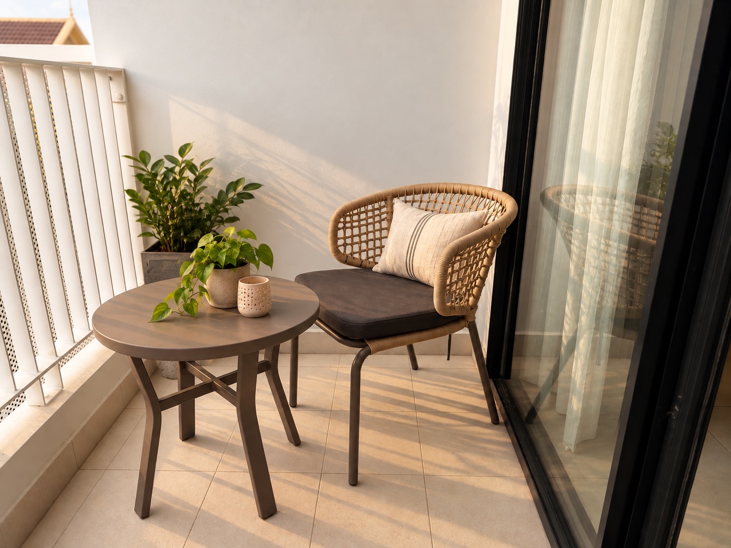 A studio balcony with its own seating