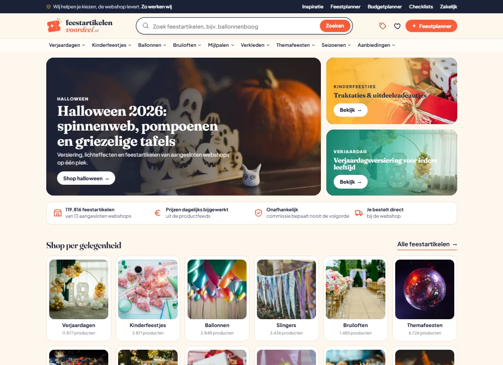 Homepage van Feestartikelenvoordeel.nl