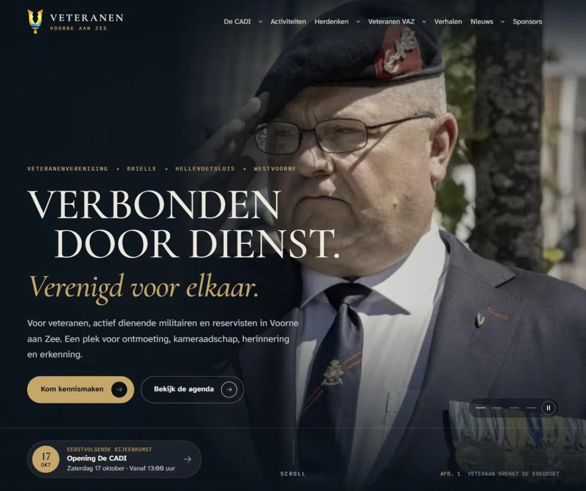 Homepage van de website van Veteranen Voorne aan Zee, ontwikkeld door BDMNL: een veteraan brengt de eregroet