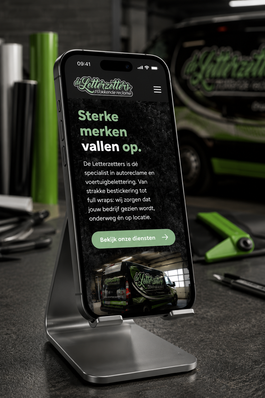 Mobiele weergave van de website van De Letterzetters