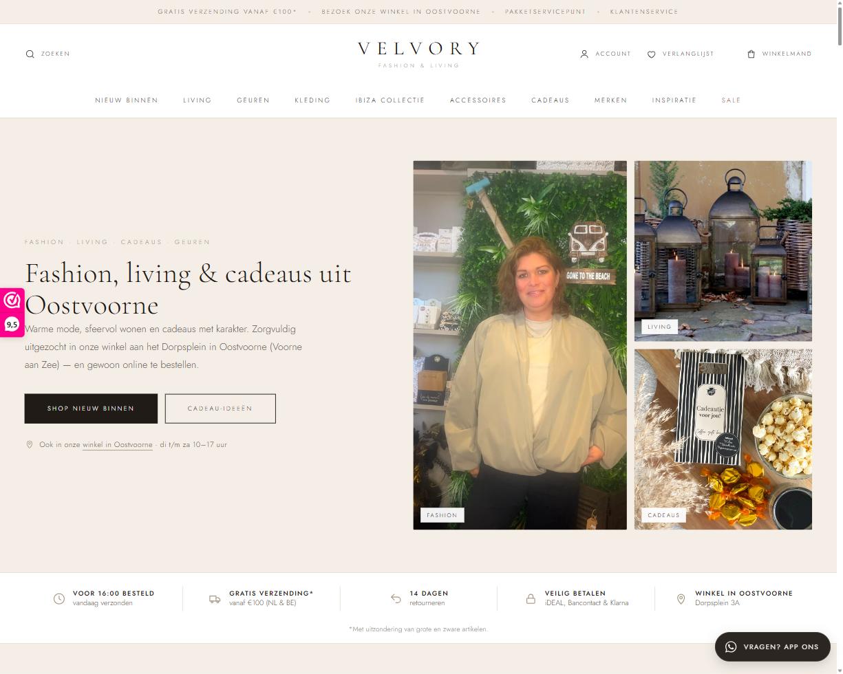 Homepage van velvory.nl op Shopify (september 2026)
