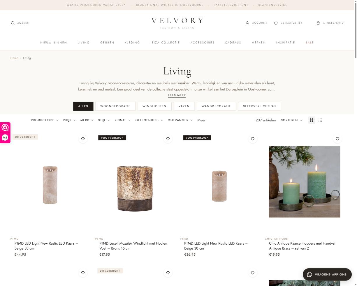 Collectiepagina Living op velvory.nl met filters op producttype, prijs, merk, stijl en kleur