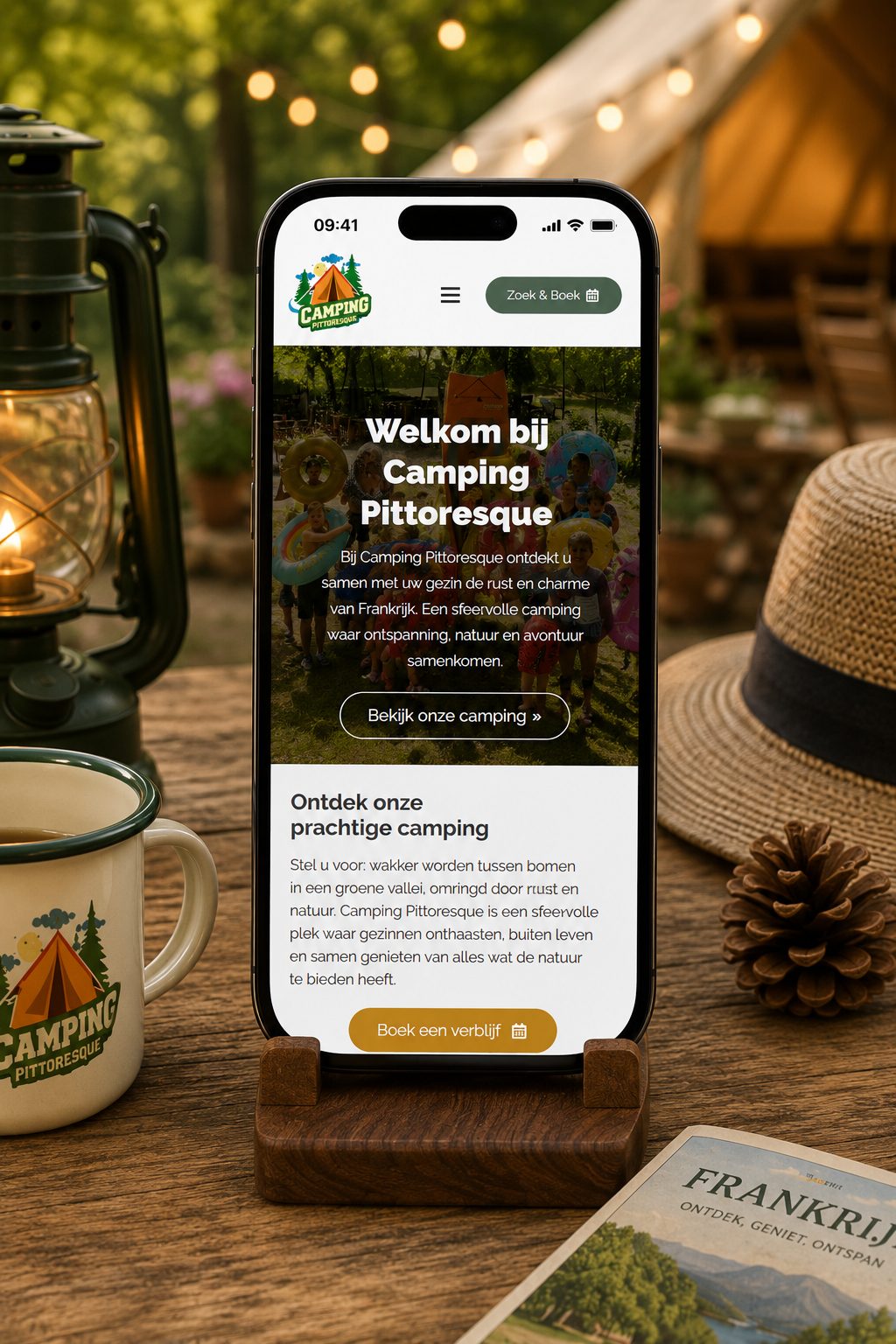 Website van Camping Pittoresque op een mobiel scherm