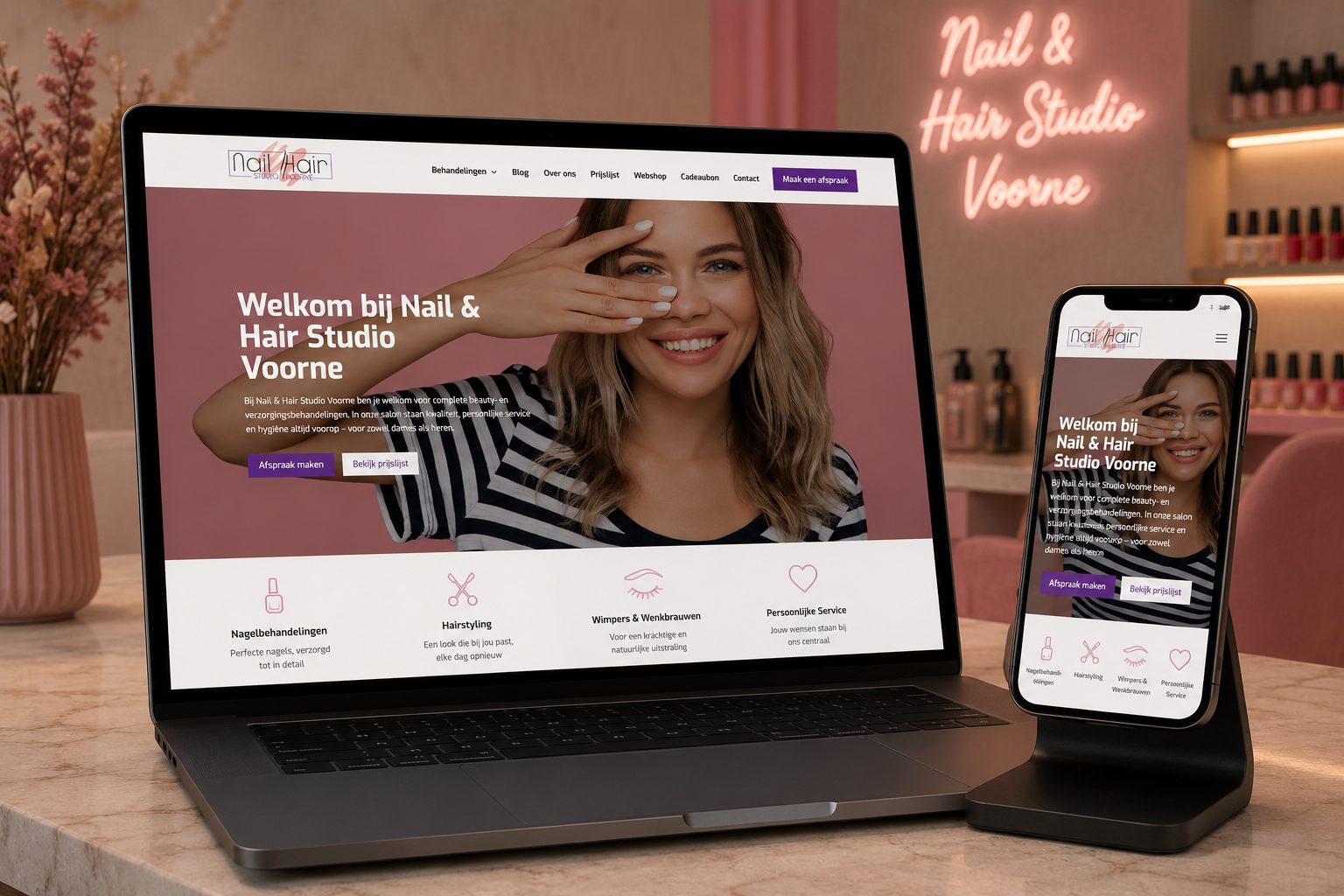 Website van Nail Hair Studio Voorne op laptop en mobiel