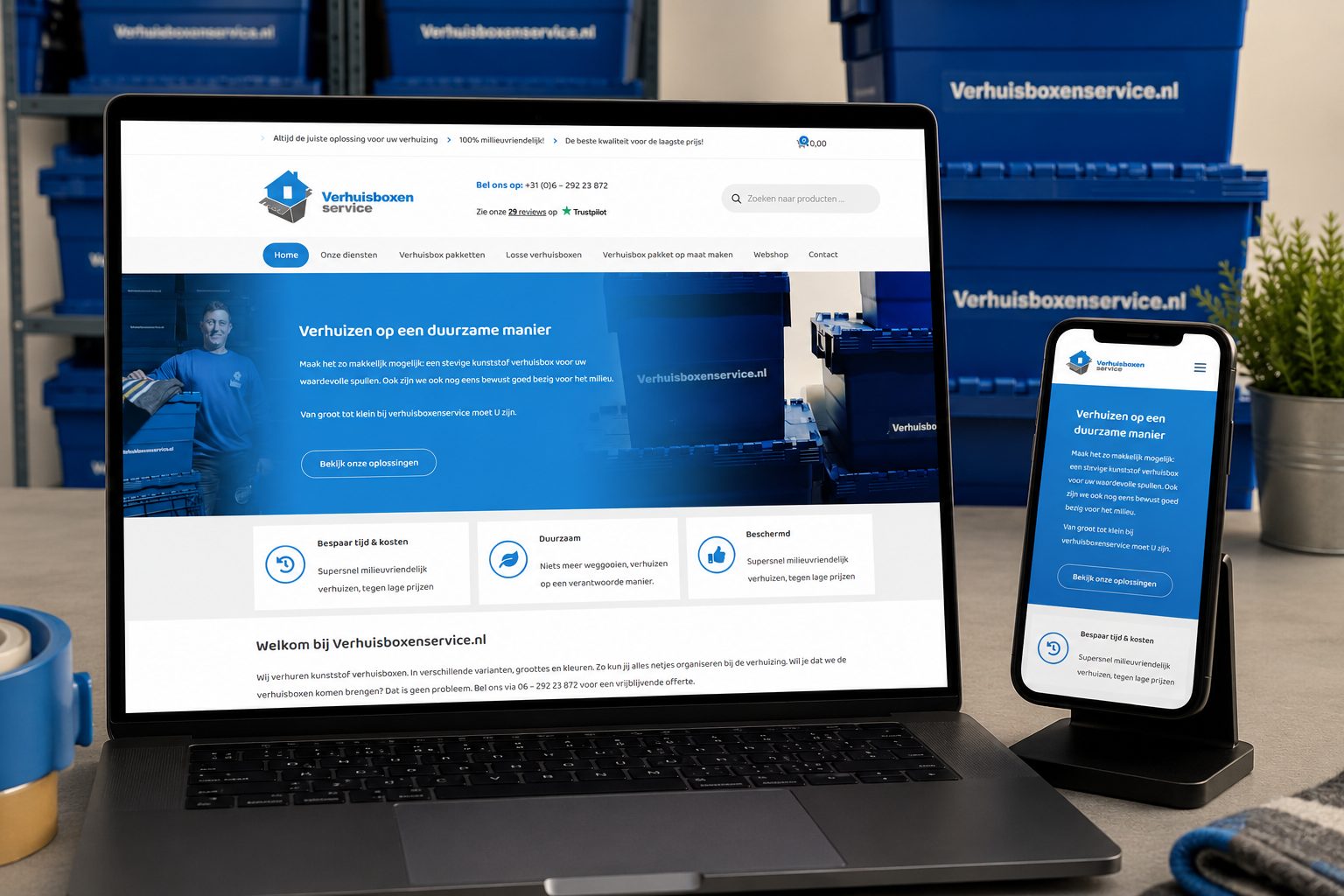 Website van Verhuisboxenservice op laptop en mobiel