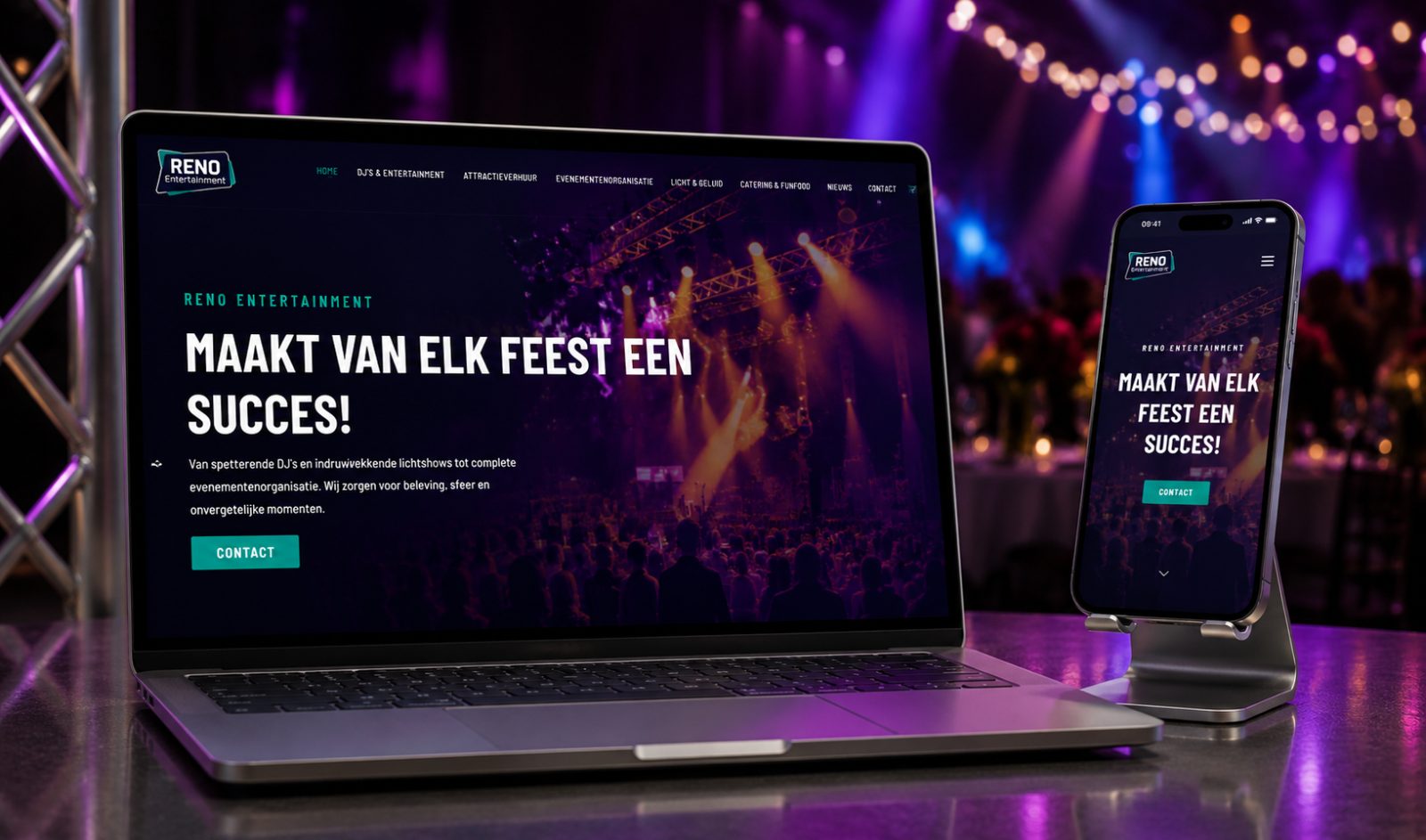 Website van Reno Entertainment op laptop en mobiel