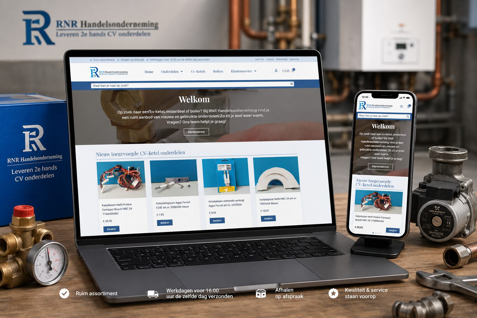 Website van RNR Handelsonderneming op laptop en mobiel