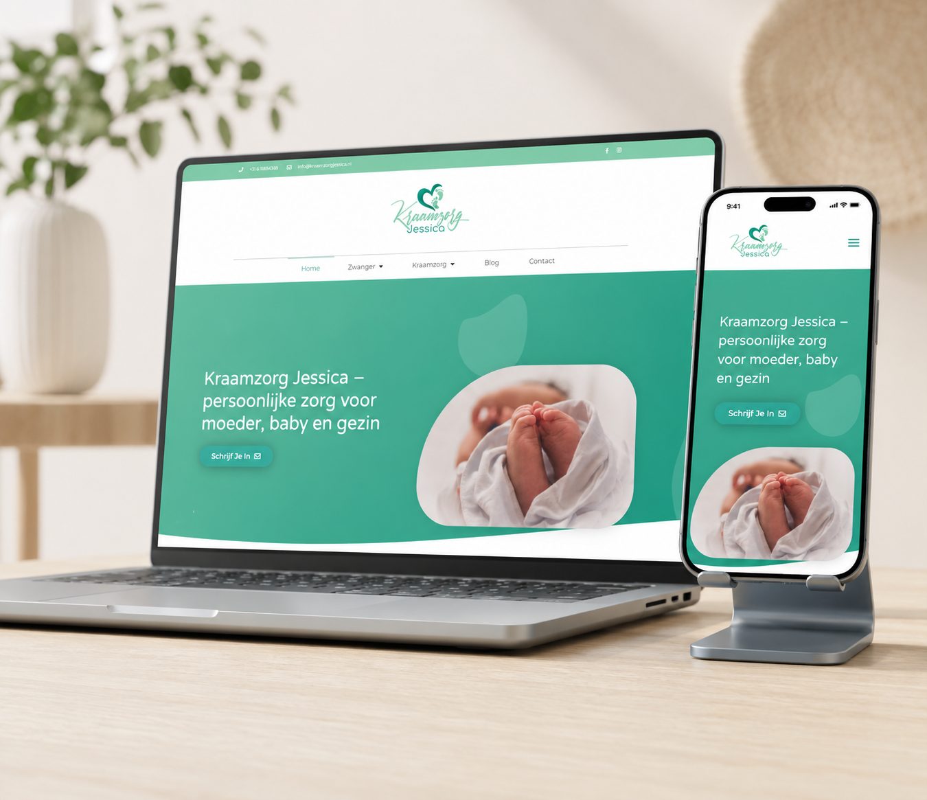 Website van Jessica Kraamzorg op laptop en mobiel