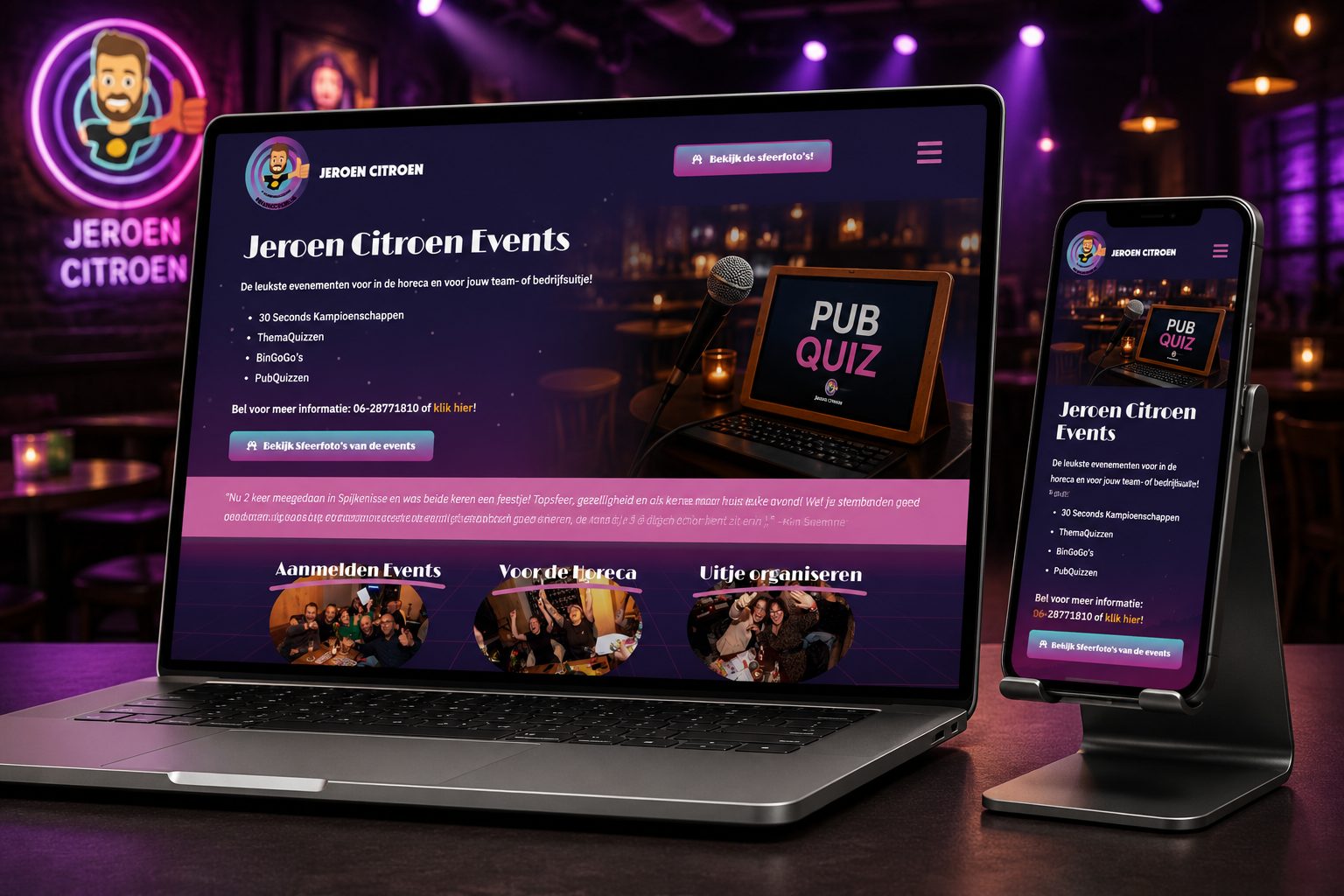 Website van Jeroen Citroen Pubquizzen op laptop en mobiel
