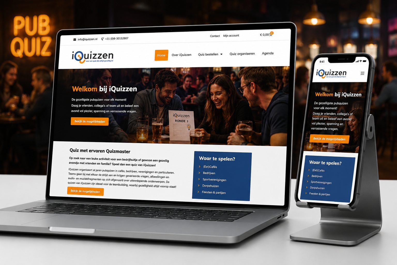 Website van iQuizzen op laptop en mobiel