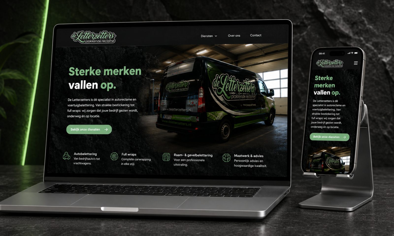 Website van De Letterzetters op laptop en mobiel