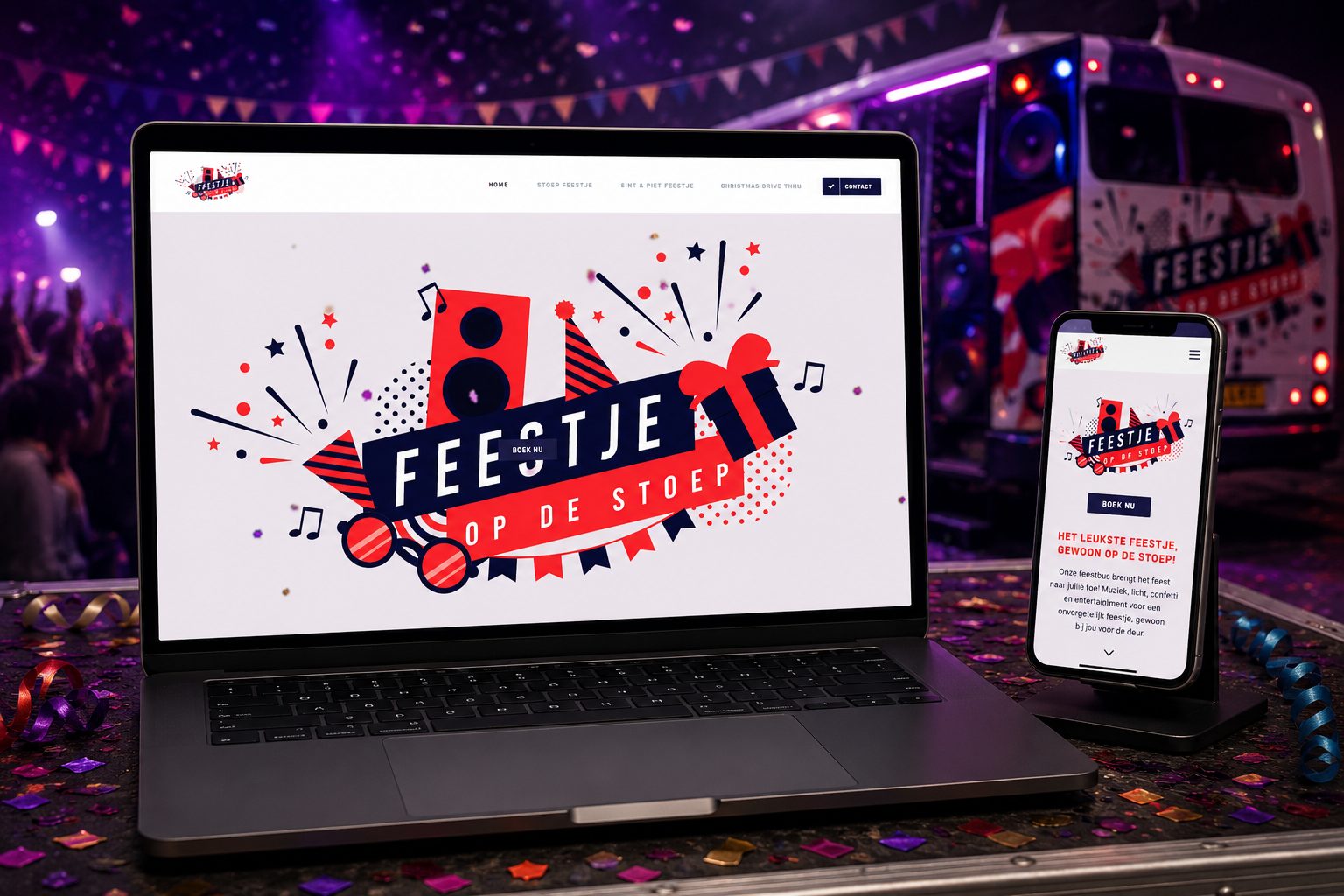 Website van Feestje op de Stoep op laptop en mobiel